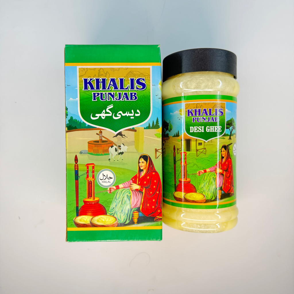 Khalis PunjabDesi Ghee packaging on a white background